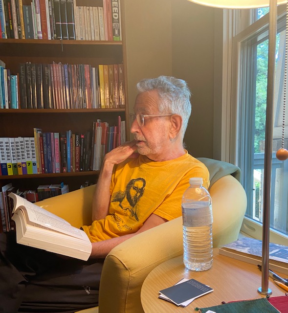 my late PhD advisor, Jonathan Goldberg, wearing the sweet "Shakespeare Got to Get Paid, Son" tee that I got him for his birthday one year. He would have been 81 today