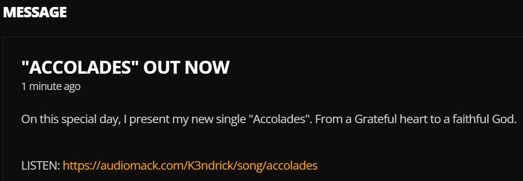 K3ndricktm's tweet photo. I just dropped my new single “Accolades” and sent out a message to all my followers on @audiomack @audiomackafrica | cc @brianzisook

Listen: https://t.co/ppL9leN9tX https://t.co/lrGr3JPUZN