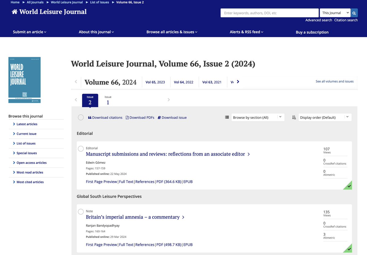 World Leisure Journal (@worldleisurej) on Twitter photo 🚨 NEW ISSUE!
Have you checked our new issue?
Volume 66, Issue 2 (2024) available now in <a href="/WorldLeisureOrg/">World Leisure Organization (WLO)</a> #journal: tandfonline.com/toc/rwle20/cur…
#leisure #researchpaper #academia 🚨 NEW ISSUE!
Have you checked our new issue?
Volume 66, Issue 2 (2024) available now in <a href="/WorldLeisureOrg/">World Leisure Organization (WLO)</a> #journal: tandfonline.com/toc/rwle20/cur…
#leisure #researchpaper #academia
