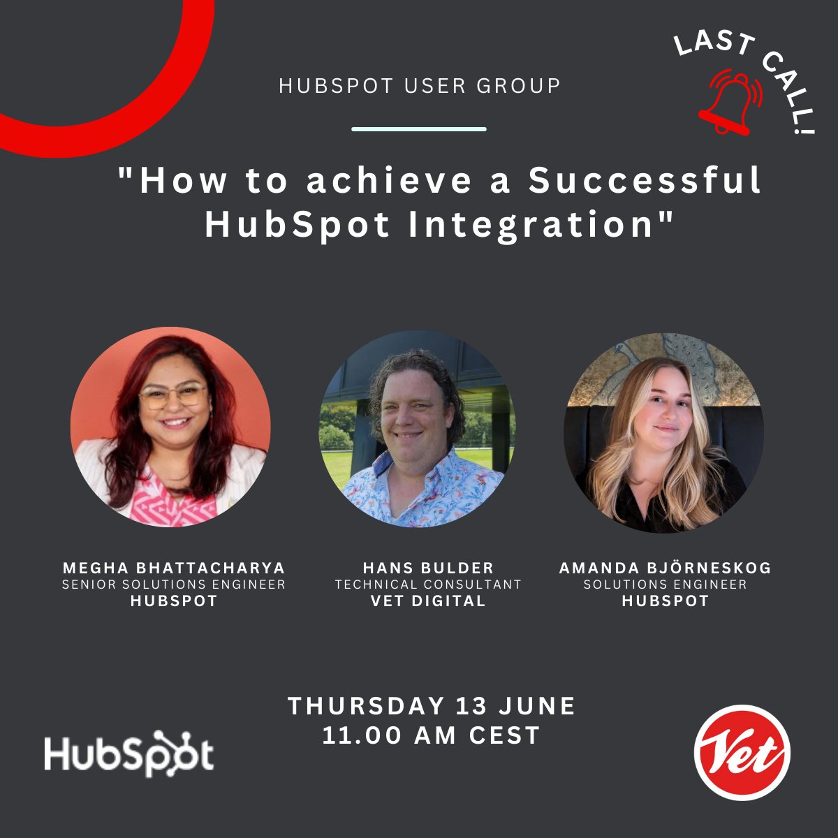 Last call! 🔔Sign up now for the new HubSpot User Group on June 13 at 11:00 AM CEST about HubSpot data integrations! 🚀

hubs.ly/Q02zcLXR0

#HubSpotUserGroup