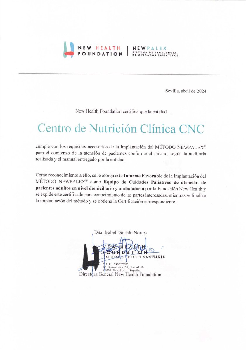 NewhealthF's tweet photo. Hoy felicitamos a CNC por la obtención del Informe Favorable que les habilita para comenzar la entrada de pacientes conforme al método NEWPALEX en los ámbitos domiciliario y ambulatorio y así continuar con el proceso hacia la Excelencia en Cuidados Paliativos. #NEWPALEX #repdom https://t.co/BkQyMaL1Qr
