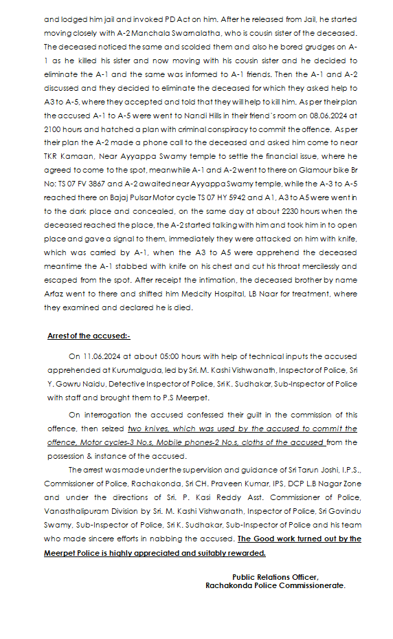 MalkajgiriCop's tweet photo. Acting on #Technical_evidence and specific information, the sleuths of @meerpetps, busted a #Murder_Case and arrested the accused.
Cr. No. 688/2024 U/s 120-B, 302 r/w 34 IPC of @meerpetps, #RachakondaCommissionerate.
#RachakondaPolice
@TelanganaCOPs @DCPLBNagar @AcpVPuram @ntdailyonline @TelanganaToday @eenadulivenews @v6velugu @ManaTelanganaIN @Navatelangana @DeccanChronicle @TheDailyPioneer @TheHansIndiaWeb @the_hindu @TheDailyMilap @TheSiasatDaily @way2_news