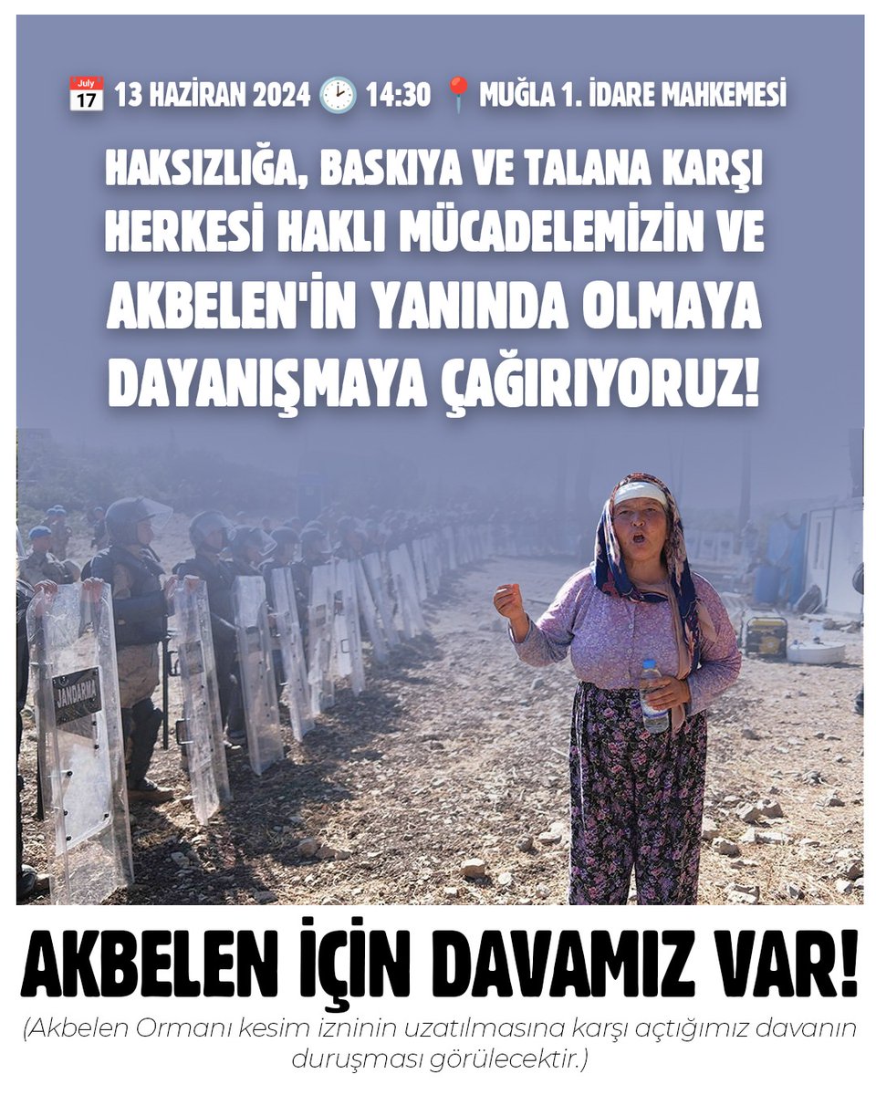 Şiddet uyguladılar, gözlerimizin önünde ormanımıza kıydılar, baskılarla hayatlarımıza çöktüler; ama bizi vazgeçiremediler!

Tüm baskı ve haksızlıklara karşı herkesi davamıza sahip çıkmaya, dayanışmaya çağırıyoruz!

📅 13 Haziran Perşembe
🕑 14:30
📍 Muğla 1. İdare Mahkemesi