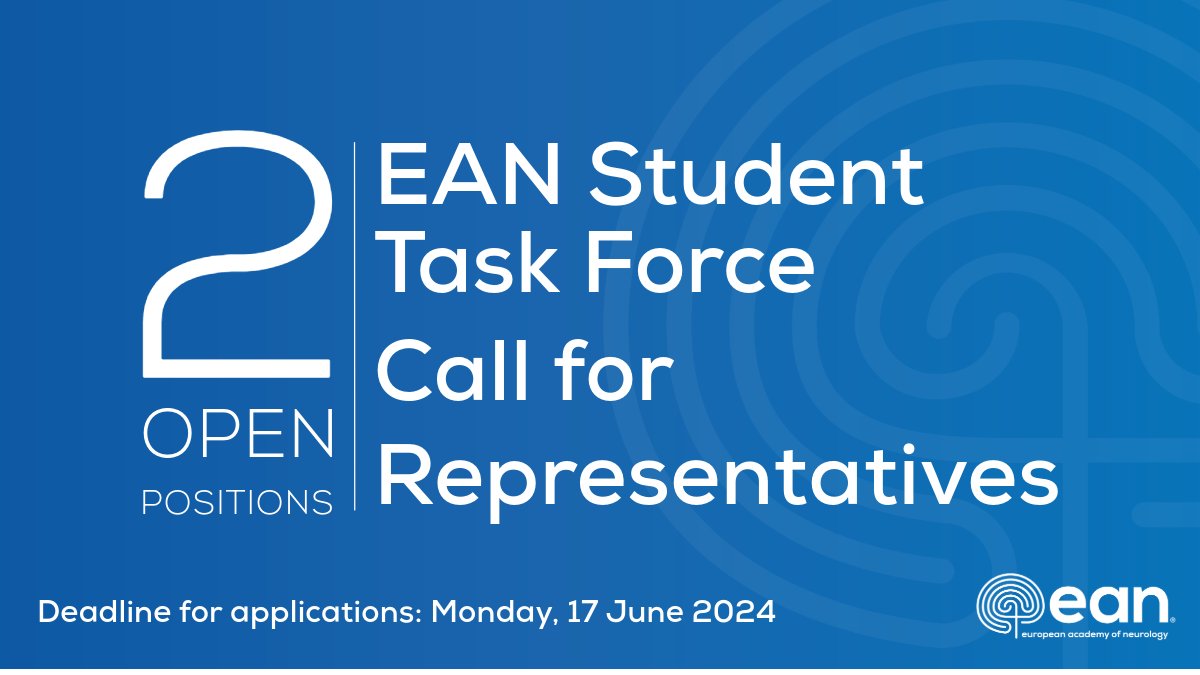 EANeurology's tweet photo. The EAN #StudentTaskForce is dedicated to promoting EAN activities and the field of #neurology among medical students. We are now looking for 2 new representatives to join the task force!π§ π‘
Apply now and become part of this active international team of future neurologists! https://t.co/Q4lkstHMCT