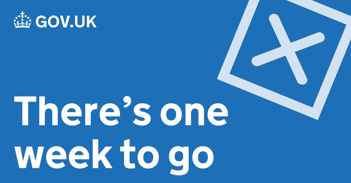 GOVUK's tweet image. 🚨 There's only one week left to register to vote in the general election.

🔑 Key general election dates: 
 
➡️ Register to vote by 18 June 11:59pm
➡️ Apply for a proxy vote by 26 June 5pm 
➡️ Apply for voter authority certificate by 26 June 5pm

Register now:…