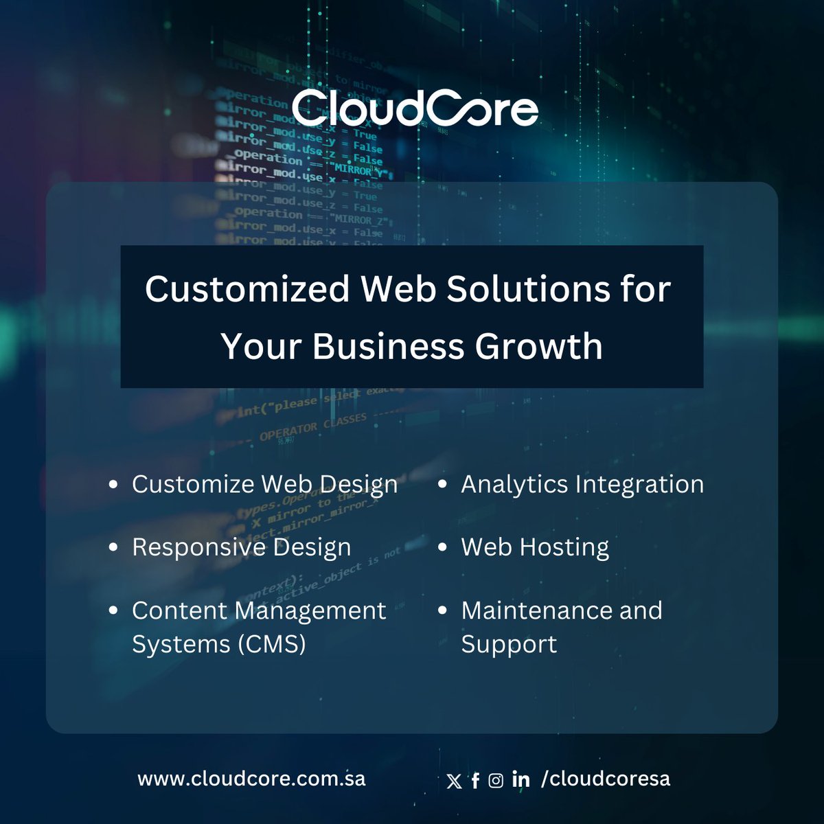 cloudcoresa's tweet image. Looking to enhance your online presence? Consider our Customized Web Solutions! We offer Personalized Web Design, efficient Content Management Systems, Responsive Design, Web Hosting Services, Integrated Analytics, and continual Maintenance and Support.
#CustomizedWebSolutions