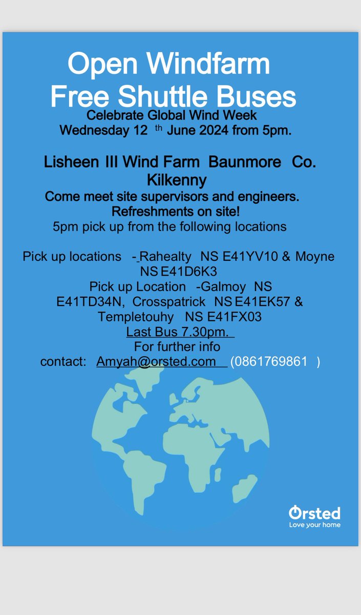 Are you around Tipperary or Kilkenny tomorrow evening? Why not hop on a free shuttle to a wind farm thanks to <a href="/Orsted/">Ørsted</a>

#GetOutintheWind
