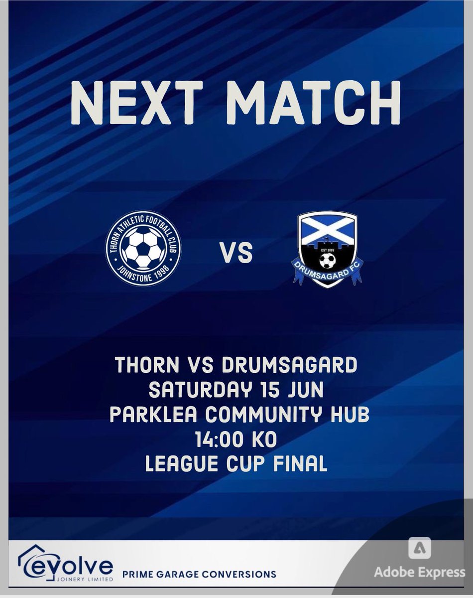 Thorn Athletic 2007s (@thorn2007s) on Twitter photo 𝗟𝗘𝗔𝗚𝗨𝗘 𝗖𝗨𝗣 𝗙𝗜𝗡𝗔𝗟
This Saturday sees the boys take on Scottish Cup winners <a href="/Drumsagard2007/">Drumsagard U18s</a> in our final game of the season at Parklea in which should be an entertaining encounter💙 𝗟𝗘𝗔𝗚𝗨𝗘 𝗖𝗨𝗣 𝗙𝗜𝗡𝗔𝗟
This Saturday sees the boys take on Scottish Cup winners <a href="/Drumsagard2007/">Drumsagard U18s</a> in our final game of the season at Parklea in which should be an entertaining encounter💙