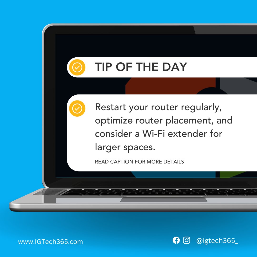 IGTech365's tweet image. Boost your Wi-Fi signal strength! Restart your router regularly, optimize its placement, and consider a Wi-Fi extender for larger spaces. Say goodbye to frustrating buffering! 

Check your router manual for optimal placement tips! 

#WiFiBoost #GoodbyeBuffering #TipTuesday
