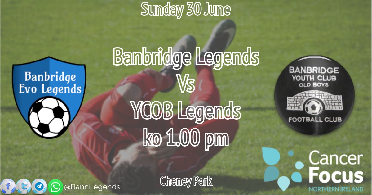 ⚽️⚽️Charity Match⚽️⚽️ 

<a href="/BannLegends/">Banbridge Legends</a>  Vs Banbridge YCOB Football Club Legends
🗓️  Sunday 30 June
🕐 KO 1.00pm
🏟️ Cheney Park
💸 Raising Money For Cancer Focus Northern Ireland

bannlegends.club/games/vs-banbr…