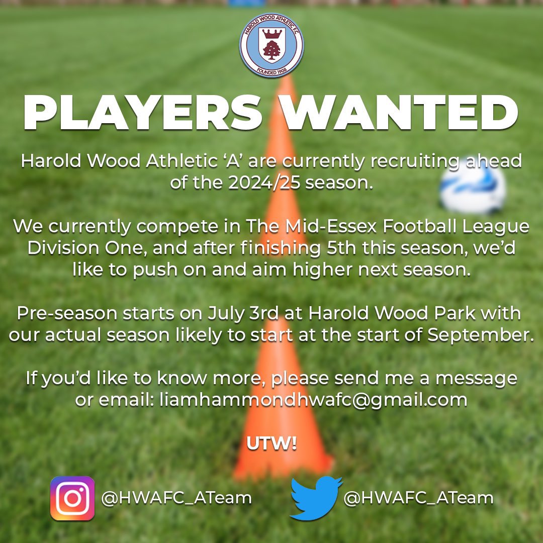 Looking to add players into our squad for next season 🪵

Four teams at the Club, two operating in <a href="/eofl/">eofl</a> &amp; two in the Mid-Essex.

An exciting time to join a Club with brilliant support and facilities 🙌

<a href="/FreeAgentsFC/">Free Agent Showcase</a> <a href="/HaroldWoodafc1/">HWAFC</a>