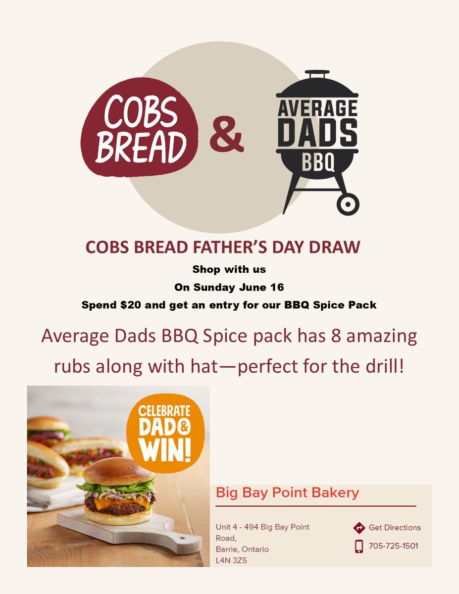 barriecobs's tweet photo. @averagedadsbbq and @cobsbigbaypoint are partnering to celebrate dad June 16th!  This gourmet BBQ spice pack is perfect for Dad! Spend $20 or more on June 16th and get an entry into the draw to win. #prize #bbq #spice #happyfathersday #draw #contest #bakery #barrie #bun@cobsbread https://t.co/1AJ8evW1aC
