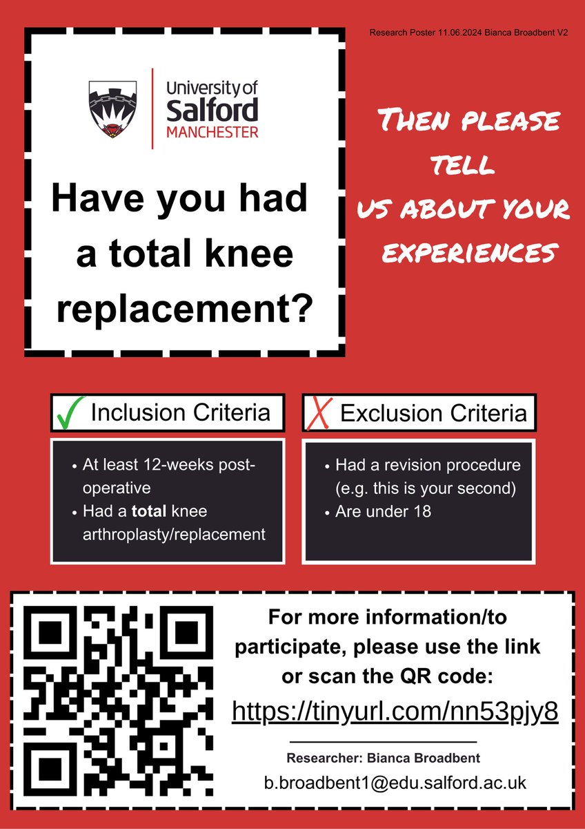 ‼️ Have you had a TKR? ‼️

Then I would really love to hear from you via the questionnaire 👇

I’m specifically looking at participation in cycling post-op, even if you are not a cyclist per se, your opinions are useful, as you may have used a bike for rehab.

#tkr #tka #cycling