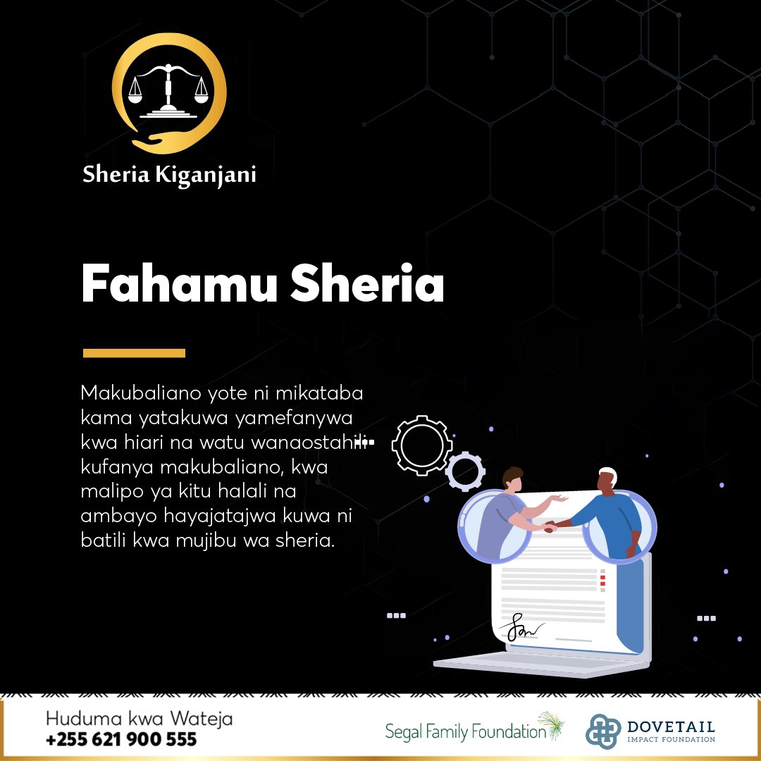 SheriaKiganjani's tweet photo. FAHAMU SHERIA ya leo ni kutoka Kifungu cha 30, Sura ya 345 kutoka SHERIA YA MKATABA kinachoonyesha ulazima wa kuwa na hiari kwa pande zote zilizopo kwenye makubaliano ya mkataba.
#sheriakiganjaniapp #sheriakiganjani #legaltech #legalgurus #skfahamusheria #sheriayamkataba #hiari https://t.co/TznSQ1EUJr