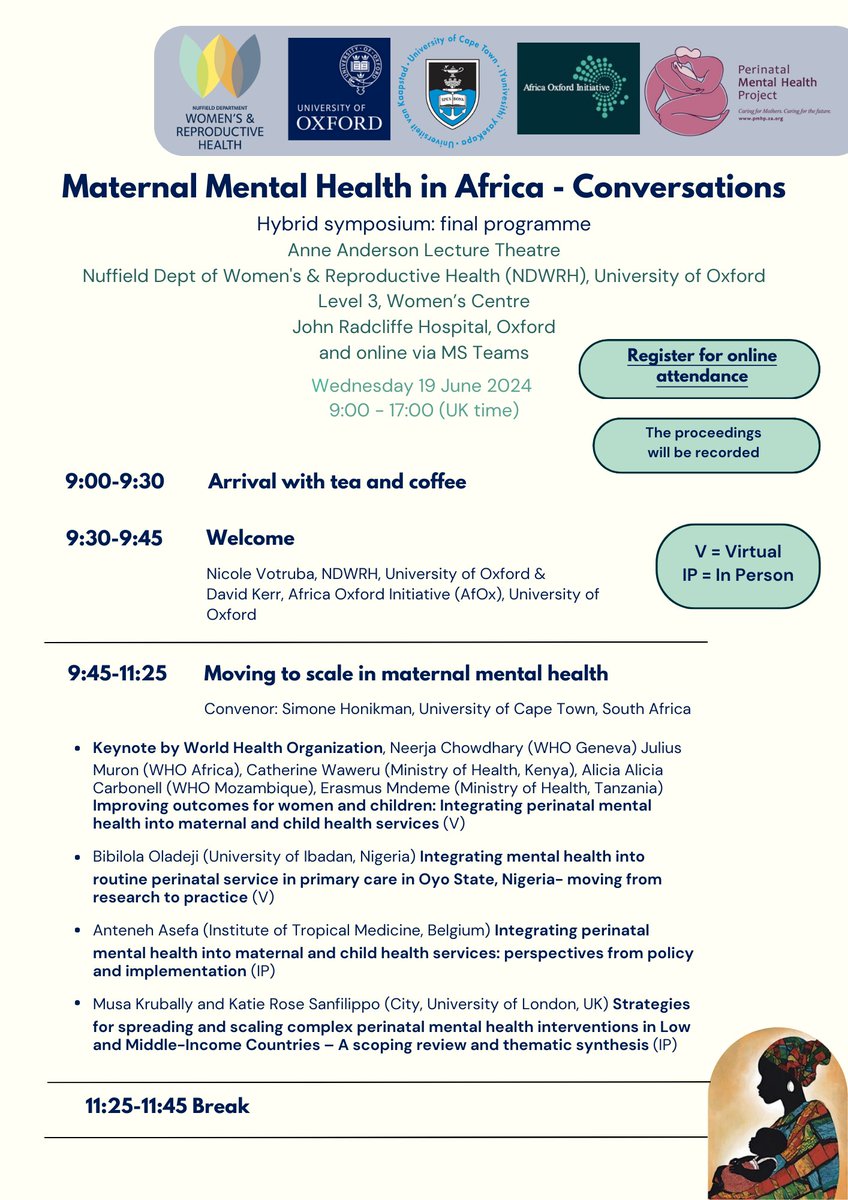 matmentalhealth's tweet photo. Exciting news! The official program for the 'Maternal Mental Health in Africa – Conversations' symposium is here. You can now plan to attend your favourite sessions and enrich your knowledge on #maternalmentalhealth in #Africa.

Registration🔗 https://t.co/aEslx4nSMd https://t.co/Jbftn6rRCc