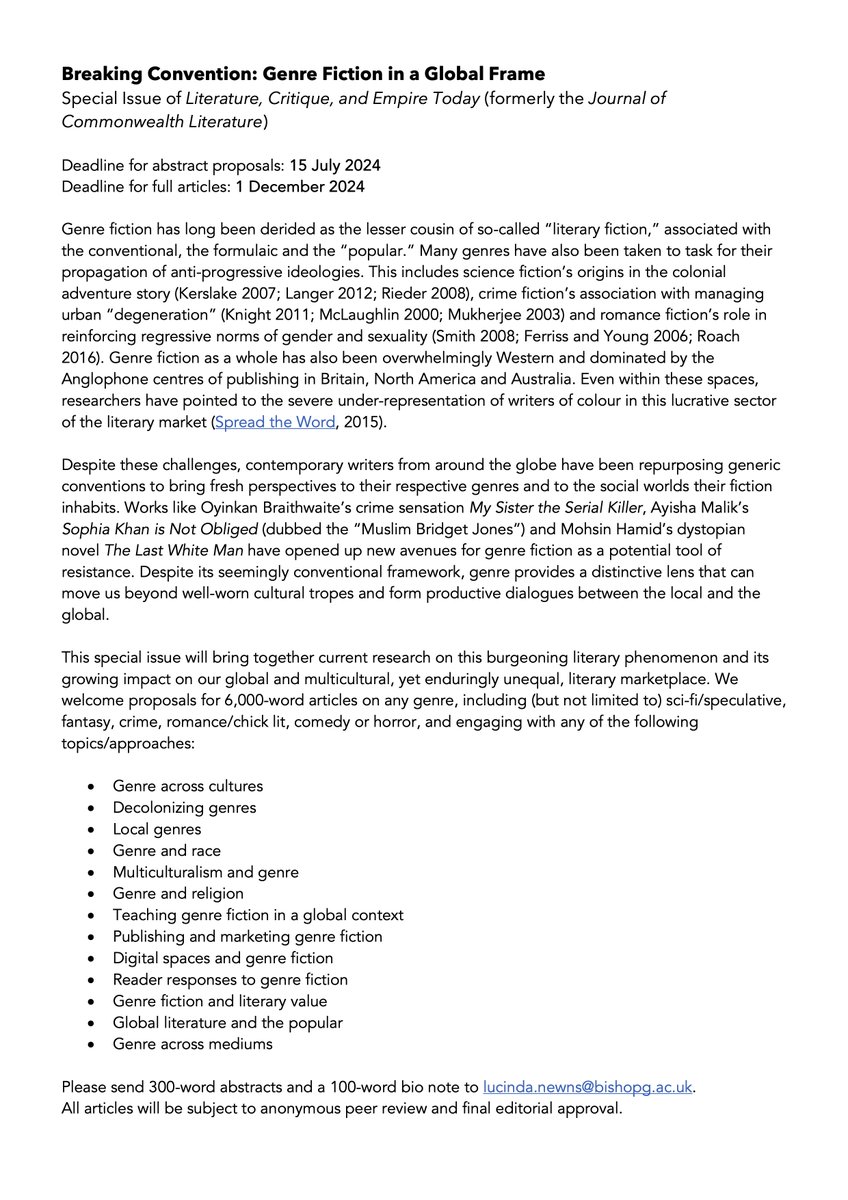 I'm editing a special issue of Literature, Critique, and Empire Today (formerly <a href="/JCLJournal/">JCL</a>) on Genre Fiction in a Global Frame. CFP below! Deadline for abstracts 15 July.