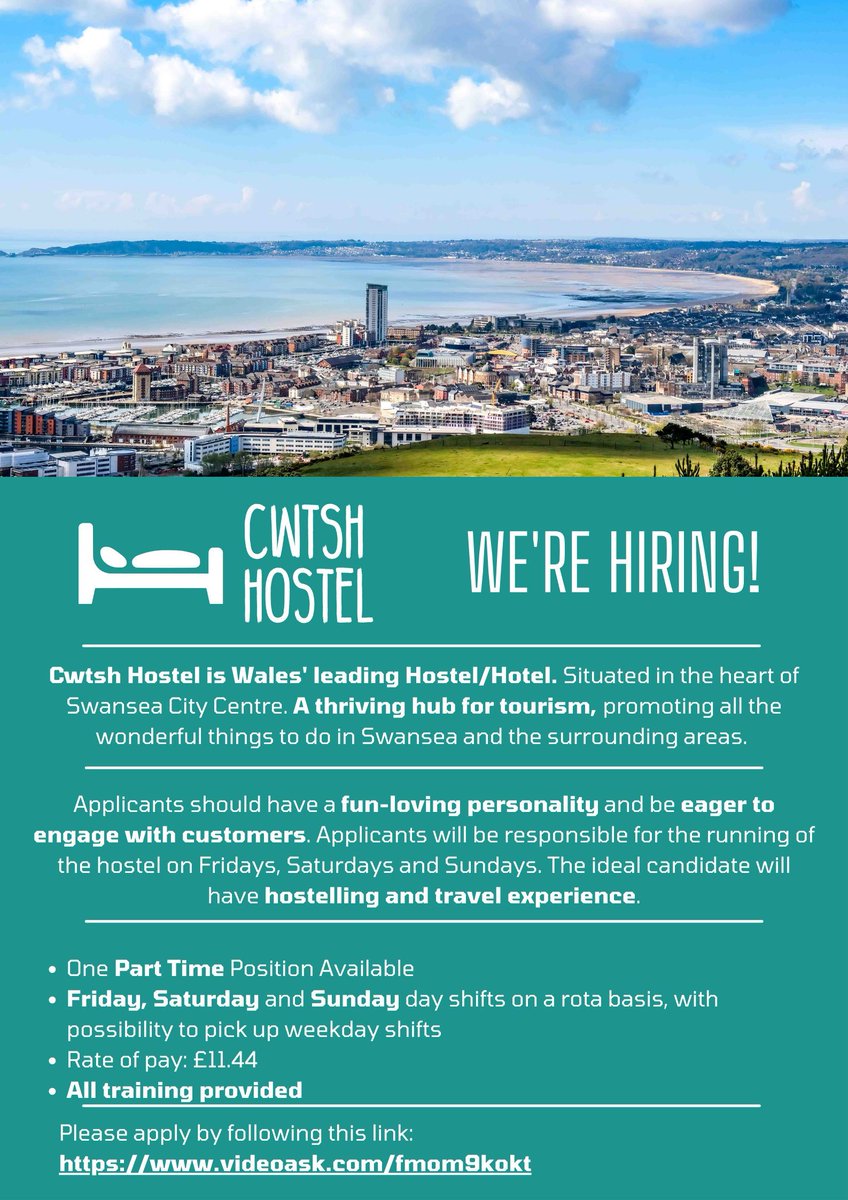 Cwtsh Hostel is HIRING! To apply in ENGLISH follow this link. lnkd.in/gaJrGuVG 
Swydd newydd yn Hostel Cwtsh! I wneud cais yn GYMRAEG dilynwch y ddolen hon. lnkd.in/gmJqcjEj