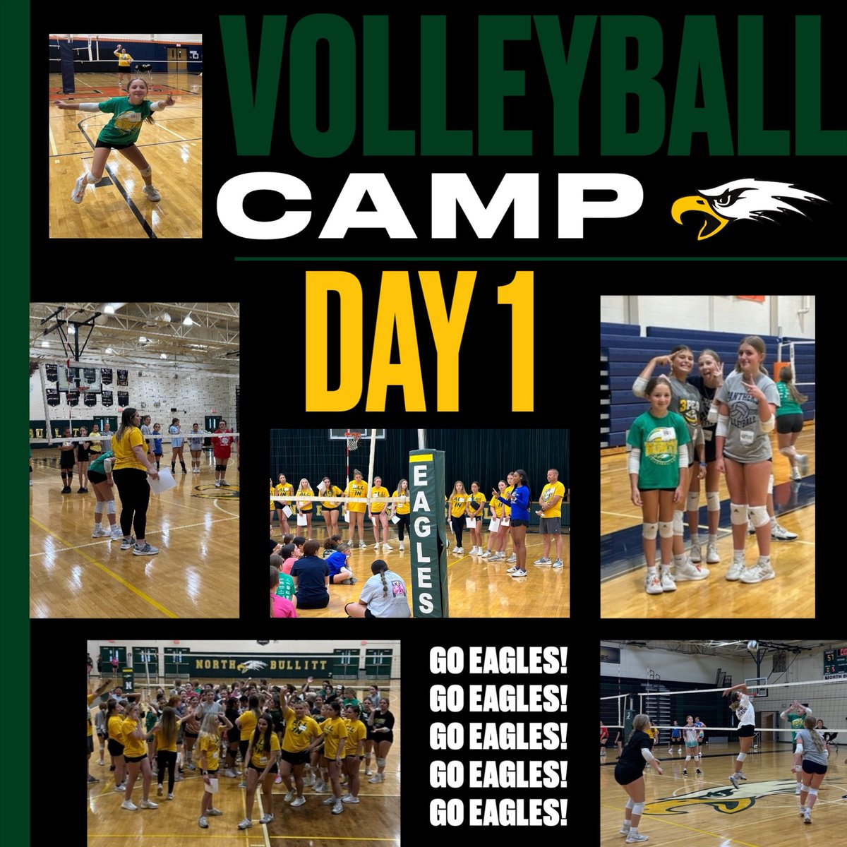 northbullittvb's tweet photo. 🏐 First day of Lady Eagle camp was a success! 

7️⃣2️⃣ campers! What a great turn out!

💙 A huge thank you to Spalding Univeristy’s head coach Taryn Glass for coming to camp to speak to our campers!

💚 We are excited for day 2 tomorrow! 

🦅 Go eagles! https://t.co/84kNu71VHP