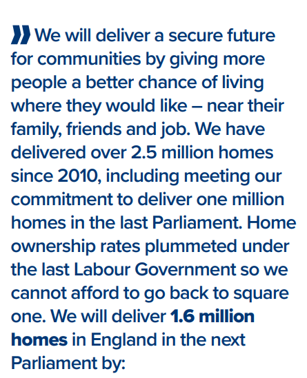 PeteApps's tweet photo. Ok, a few bits and pieces from the Conservative manifesto on housing. Tl;dr - it's not very exciting, probably don't bother. 

First: 1m homes was actually one of two concrete targets in the last manifesto. The other was 300,000 a year by the mid-2020s. Which will be badly missed https://t.co/Z1KCSyfpJA