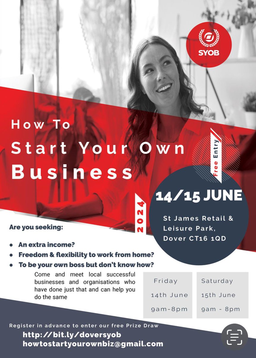 HOW TO START YOUR OWN BUSINESS FAIR is for those seeking an extra income, the freedom &amp; flexibility to work from home around family &amp; other commitments, or for those who would like to be their own boss but don’t know how. 
St James Dover this Fri &amp; Sat
Bit.ly/syobdover
