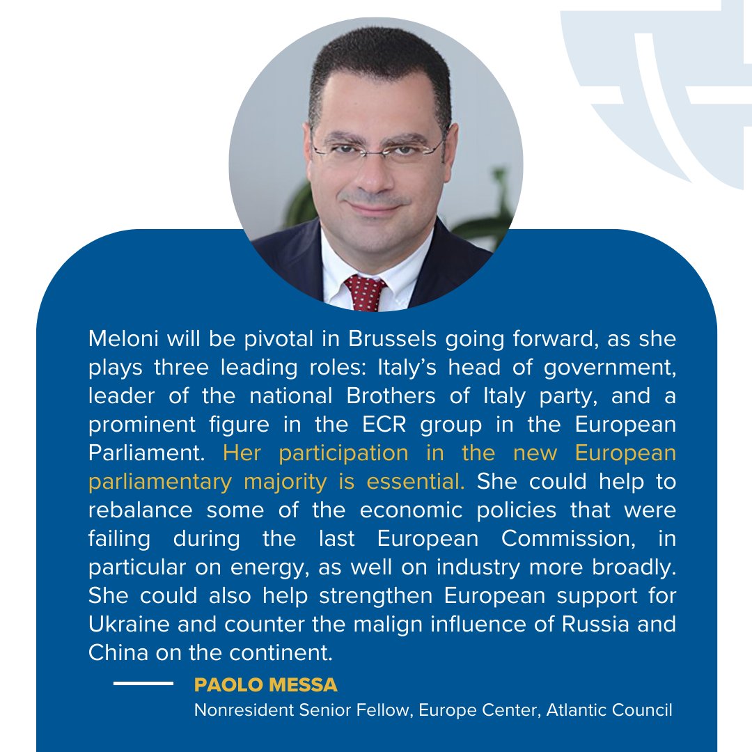 What role can 🇮🇹 PM Giorgia Meloni play in the #EuropeanParliament after this weekend's elections?

<a href="/PaoloMessa/">Paolo Messa</a> argues Meloni will be essential in rebalancing the 🇪🇺's agenda.

Our experts break down the elections and key takeaways here: bit.ly/3ySc3JT