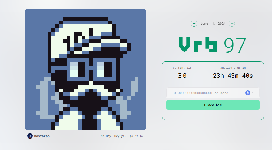 Auction start (●'◡'●)
Vrbs 97 , "Mr.Boy" on <a href="/VrbsDAO/">Vrbs ▀▄▀</a>  
We invite everyone to join in the auction. , 
Auction ends in 24 hrs.  
Link : vrbs.build