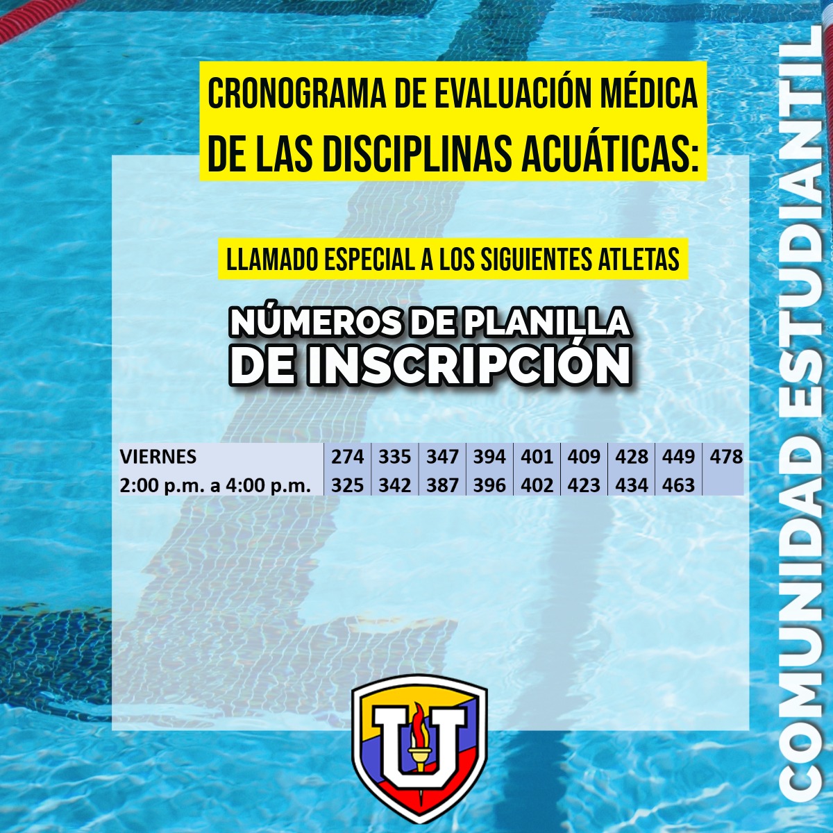 ddeportesucv's tweet image. Cronograma de evaluación médica para los aspirantes a las Disciplinas Acuáticas. Semana del Martes 11/06 al viernes 14/06.
Comienza la segunda Fase del proceso de evaluación de salud de los aspirantes a las Disciplinas Acuáticas: Natación y Polo Acuatico.