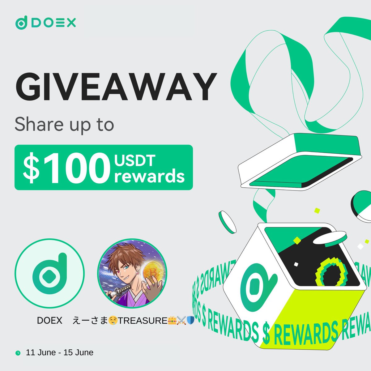 🎉#DOEX ギヴァウェイ🎉

安全で頼性の高い暗号資産取引センター「DOEX」とコラボ🤤

／
🎁50$ × 2名様
＼

【参加方法】
✅フォロー
@DoexGlobal <a href="/A_sama7/">えーさま🤤TREASURE👑⚔️🛡️</a>
✅RT &amp; ❤️

⏰6/15(土)

2022年設立、米国FinCEN・カナダFinTRACのMSBコンプライアンス金融ライセンスを取得済の安心取引所✨

参加参加〜🤤☝️