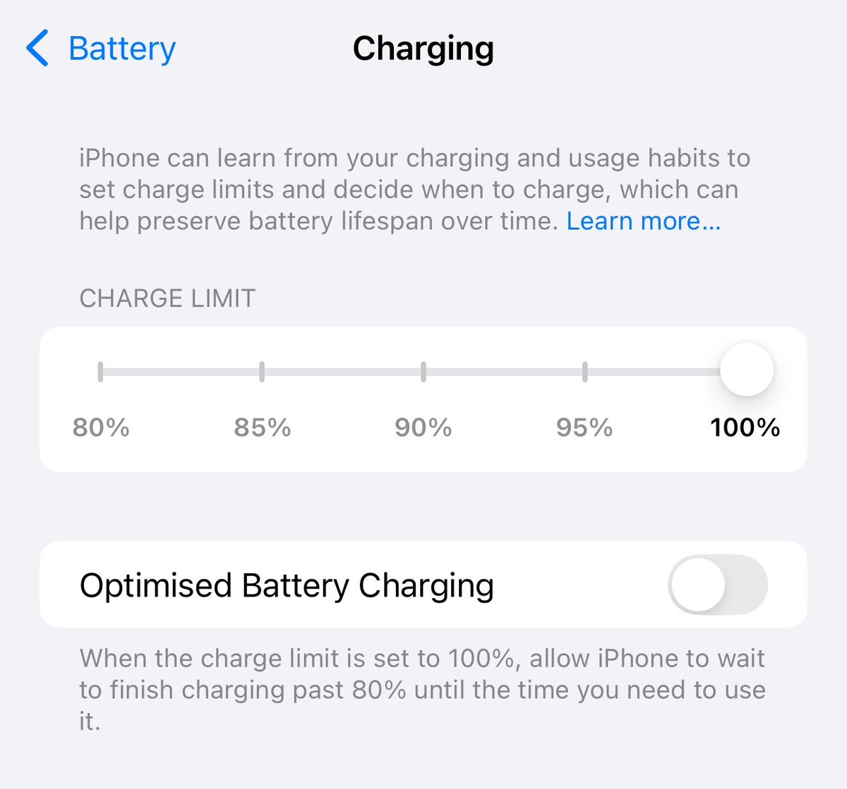 techdroider's tweet photo. iOS 18 Charge limit.. but we already had one! https://t.co/dunBSR6roB