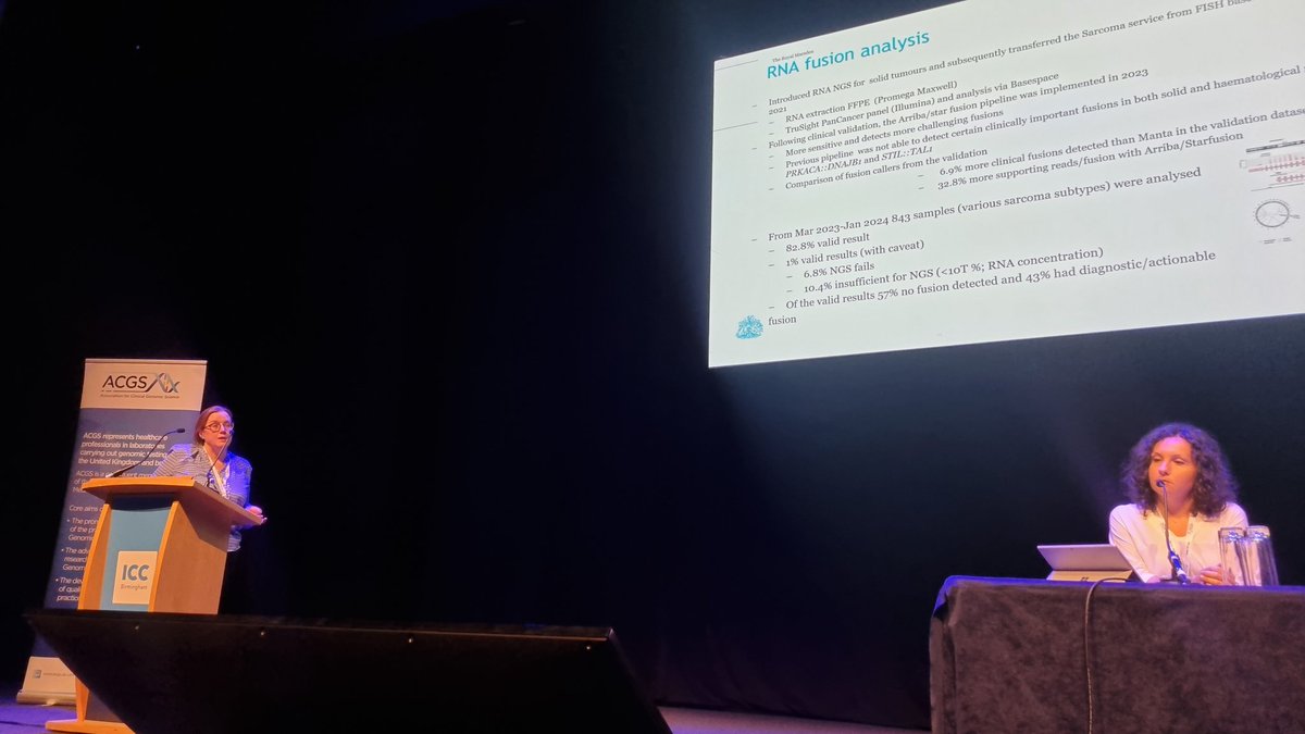 TosinTweets's tweet photo. Half way through day 2 of #ACGS2024 another amazing day of great talks! Spotlight on my amazing colleague @SuzanneMacmahon  presenting on Fusion testing at the RMH lab of the North Thames GLH. https://t.co/PKRkp0DtBr