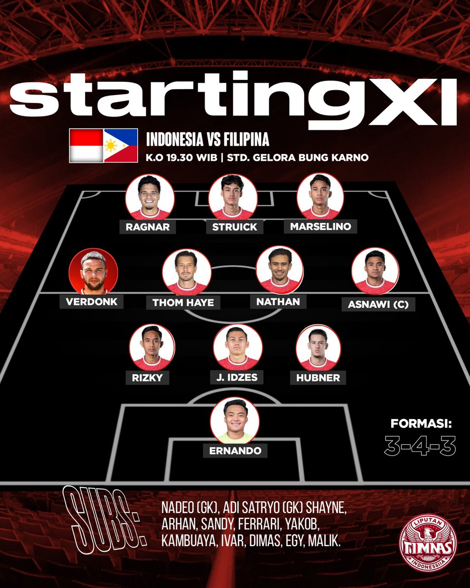 liputantimnasid's tweet photo. Starting line up Indonesia vs Filipina 🇮🇩🇵🇭

Verdonk debut dan Jay Idzes starter 👊

Let's Go Garuda 🦅🇮🇩 https://t.co/hpXtyVJ5v1