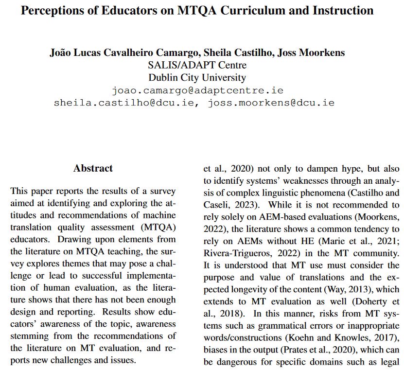 TRihawf's tweet photo. My paper with @Jossmo and @_SheilaCastilho where we explored educators' attitudes and recommendations for MTQA, has been accepted at #EAMT2024 in Sheffield! 🙌 

Thanks to @DcuSalis, @dcuctts, and @AdaptCentre, and all participants. 

Paper available here: https://t.co/w9jVdV2xaa https://t.co/KUj4oQwKKz