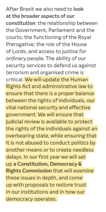 AdamWagner1's tweet photo. It won't be the focus, but today is a huge day for human rights protections in the UK. 

In the 2010, 2015 and 2019 Conservative Party manifestos they pledged to scrap or change the Human Rights Act. 

This was always about weakening rights protections in the UK, and was also nakedly a vehicle for picking a fight with the European Court on Human Rights which the right of the Tory Party hoped would lay the groundwork for leaving (see e.g. 2015's "Protecting Human Rights in the UK document).

The 2010 manifesto pledge couldn't be fulfilled because of the Lib Dem coalition, so instead there was the somewhat bizarre "Bill of Rights Commission". 

The 2015 manifesto wasn't progressed probably because of Brexit taking up all the airtime.

The 2019 manifesto pledge led to Dominic Raab's ultimately doomed Bill of Rights Bill, which was so obviously a reduction in rights protection, and unworkable, that few supported it  even in the Tory Party. It died a death before becoming law.

And that leads us to today, the 2024 manifesto, which contains *nothing* about the Human Rights Act and the vaguest of vague statements about the European Court on Human Rights, so minor that they use an obscure acronym and don't actually say what they mean by "we will always choose our security".

What does this mean? It means that even if (as seems unlikely) the Tories win another 5 years, for the first time in 14 years they have not committed to doing anything at all to change human rights protections in the UK.

And so the Human Rights Act 1998 and UK's commitment to the ECHR, against all odds, will have not only survived 14 years of Eurosceptic and Human rights-sceptic/hostile governments, but also be essentially unchanged since it came into force in 2000. That's 29 years if you assume the next government will not alter it. 

So it may not be the big focus of today, but from someone who has fought many of the battles against watering down of human rights protections (along with many others), it is pretty remarkable, and in my view a great thing, and hopefully means that human rights will remain an important part of our national story for years to come.

(The four images below are from four manifestos, 2010, 2015, 2019, 2024 - you guess which is which!)