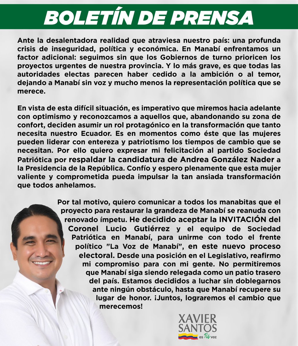 xaviersantos_ec's tweet photo. Este 2025 no seremos simples espectadores, ¡la voz de Manabí se escuchará! Con valentía y patriotismo, junto a @AndreGonzalezNa y #SociedadPatriotica, retomaremos el camino hacia la seguridad y progreso. ¡#TodosJuntos  por #Manabí! 🇪🇨💪🏼 https://t.co/rWBbnxA4Nj