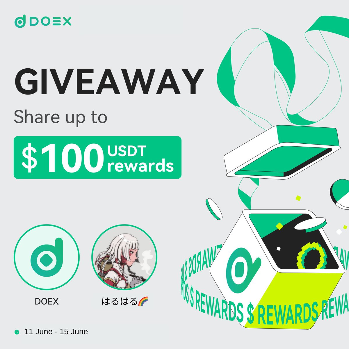 kohaharu45's tweet photo. ／
#DOEX ×はるはる🌈
総額100 $USDT Giveaway🎉🎉
＼

════════════
🎁50 $USDT × 2名様🎁
どどーんと総額100USDT
════════════

【✅】
フォロー･RP･♥️
@DoexGlobal @kohaharu45 
リプに #DOEX で当選確率アップ❣️

【⏳】
6月15日(土)

❓DOEX取引所とは？👀
💡2022年に設立されたCEX取引所📈
💡米国FinCEN･カナダFinTRACのMSBコンプライアンス金融ライセンス取得済み❤️‍🔥
💡公式でも様々なイベント開催中🔥