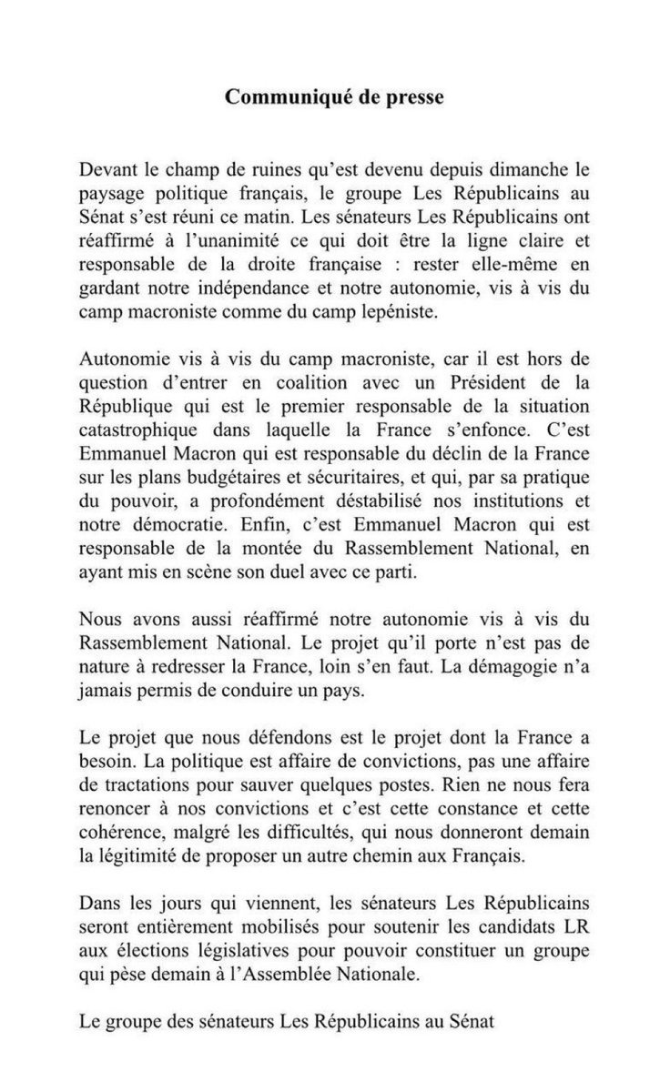 Avec <a href="/gerard_larcher/">Gérard Larcher</a>, <a href="/BrunoRetailleau/">Bruno Retailleau</a> et les sénateurs <a href="/lesRep_Senat/">Les Républicains Sénat</a>, notre position est claire : ni Macron, ni RN. Éric #Ciotti doit immédiatement se mettre en retrait de la présidence du parti !