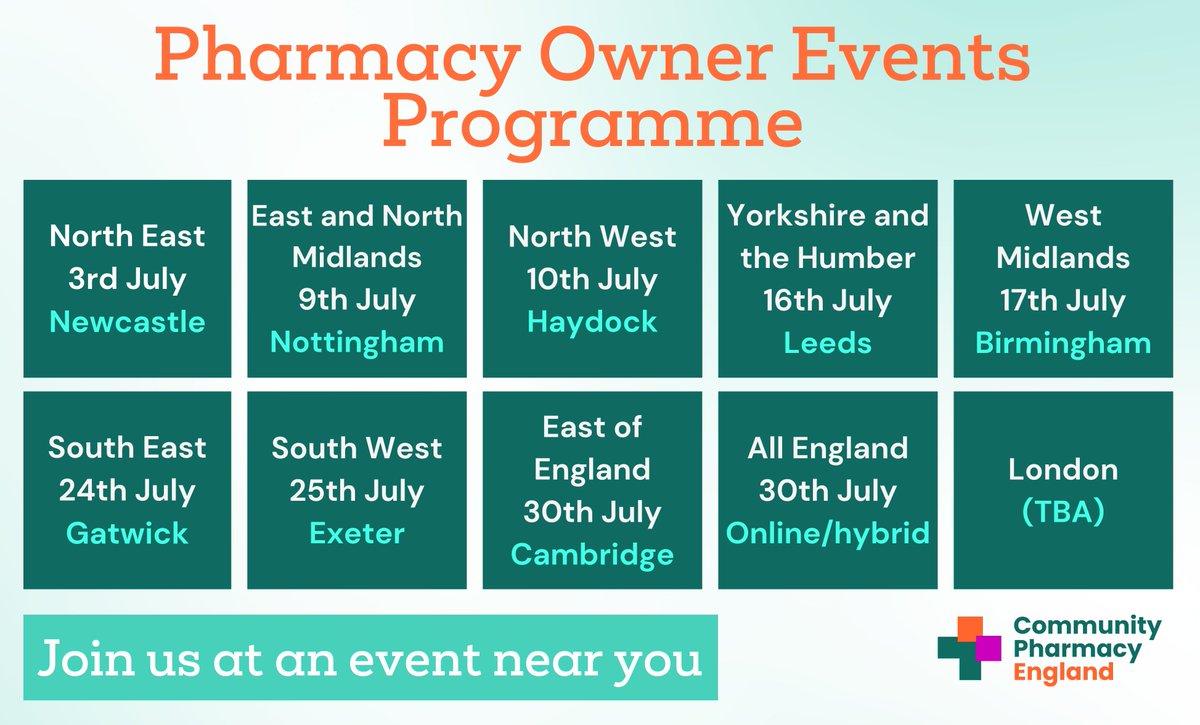 We are inviting pharmacy owners to a series of our regional roadshow events. 

Our CEO, Leadership Team and Committee Members will be there to discuss the work we are doing, listen to your views, and answer your questions.

Register now 🔗 bit.ly/3VlQv0Q
