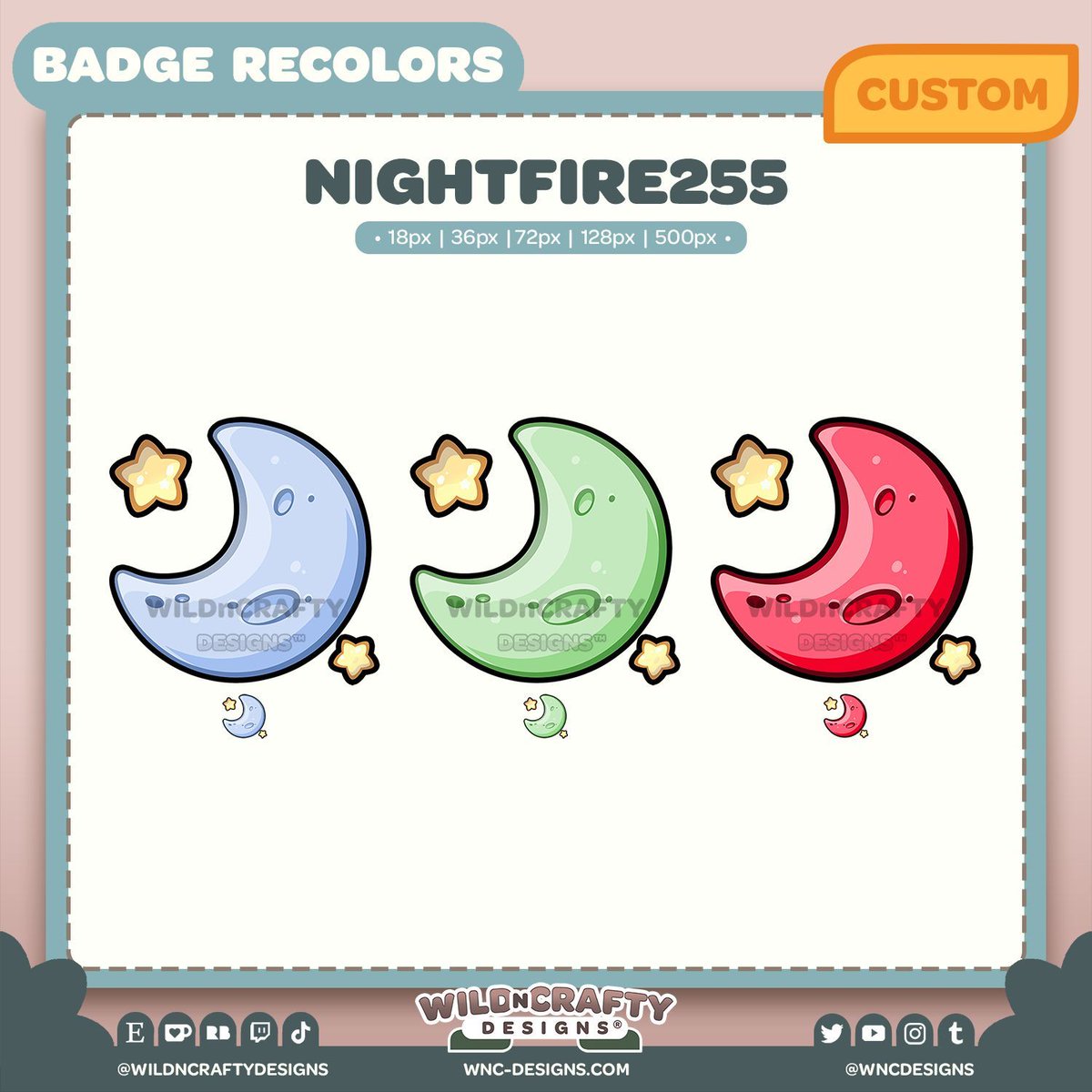 WnCDesigns's tweet photo. ✍️Custom✍️ Badge Recolors for @Nightfire255 on Twitch!
°✧・。
🌙⭐
#twitchbadges #twitchemoteartist #streambadges https://t.co/5HBLeMKieQ