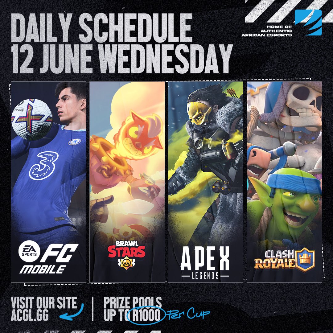 AfricanGaming's tweet photo. π
Wednesday night's online cups:
β½οΈ #FCmobile
π
°οΈ #Apexlegends
βοΈ #ClashRoyale
π₯ #Brawlstars
β° From 19h00
π° Up to R1,000 cash per cup
π Register here: https://t.co/2wjHldsWLj
#WarzoneZA #FIFAza #ApexZA #MobileLegends https://t.co/2f0tHozN9M