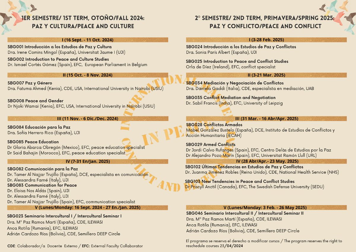 peacemasteruji's tweet photo. Today, we remind you of the courses for the next academic year 24/25. Join the Paz Master’s family!

#unesco #master #paz #peace #uji #international #calendar #calendario #asignaturas #profesorado #estudiantado #students https://t.co/UBNmmguCMV