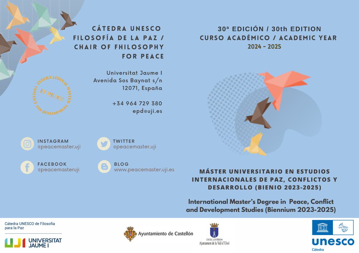peacemasteruji's tweet photo. Today, we remind you of the courses for the next academic year 24/25. Join the Paz Master’s family!

#unesco #master #paz #peace #uji #international #calendar #calendario #asignaturas #profesorado #estudiantado #students https://t.co/UBNmmguCMV