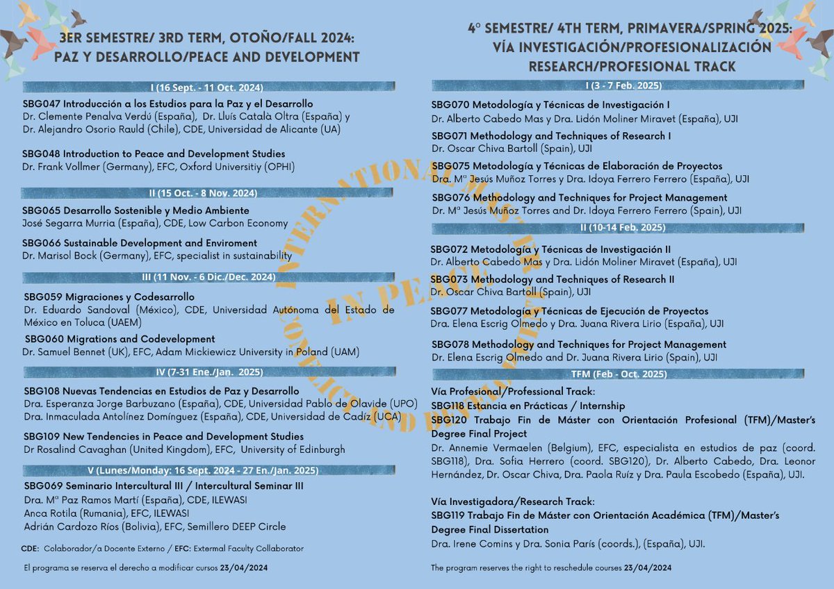 Today, we remind you of the courses for the next academic year 24/25. Join the Paz Master’s family!

#unesco #master #paz #peace #uji #international #calendar #calendario #asignaturas #profesorado #estudiantado #students