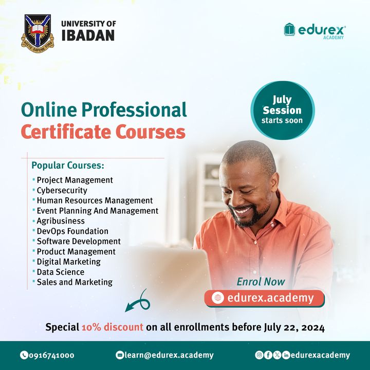 Edurex_Academy's tweet photo. Become a certified professional by joining our next session, accredited by the University of Ibadan. Get a 10% discount if you enrol by July! 

Choose from IT, Human Resources, Project Management, Logistics, Customer Service, Agribusiness and many more..

1/1 https://t.co/MI8B0Wt0vm