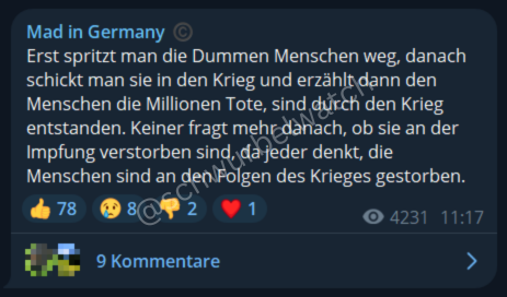 schwurbelwatch's tweet photo. Twitch-Partner (!) #MadinGermany (schreibt quasi jeden Todesfall den COVID19-Impfungen zu, stalkte die Oma eines angeblichen Impfopfers) hat eine neue "Theorie":

Kriegsopfer seien in Wirklichkeit an den COVID19-Impfungen gestorben.

WHAT?!

Und 78 Vollidioten liken den Mist. https://t.co/8mSAyCXE4k