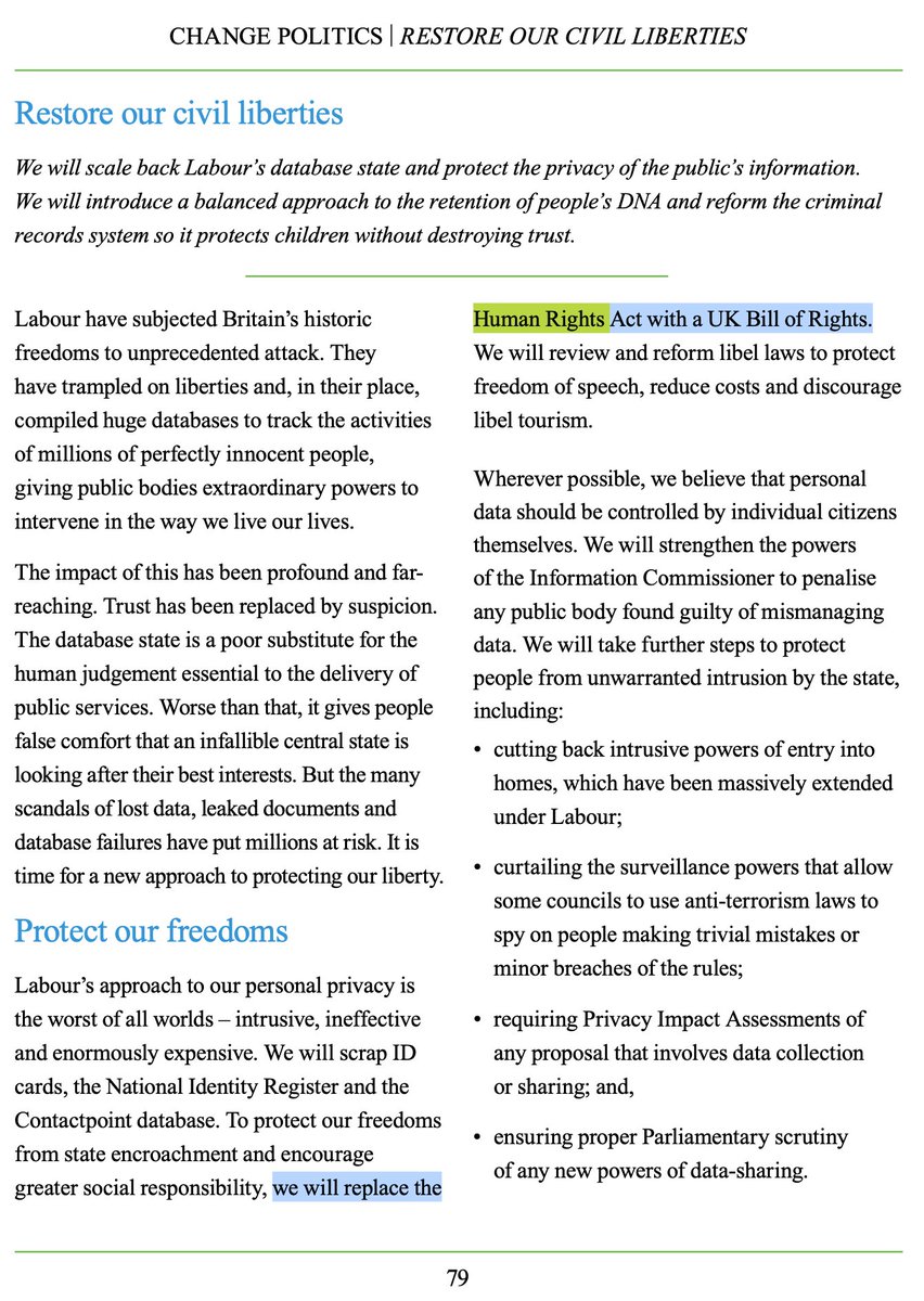AdamWagner1's tweet photo. It won't be the focus, but today is a huge day for human rights protections in the UK. 

In the 2010, 2015 and 2019 Conservative Party manifestos they pledged to scrap or change the Human Rights Act. 

This was always about weakening rights protections in the UK, and was also nakedly a vehicle for picking a fight with the European Court on Human Rights which the right of the Tory Party hoped would lay the groundwork for leaving (see e.g. 2015's "Protecting Human Rights in the UK document).

The 2010 manifesto pledge couldn't be fulfilled because of the Lib Dem coalition, so instead there was the somewhat bizarre "Bill of Rights Commission". 

The 2015 manifesto wasn't progressed probably because of Brexit taking up all the airtime.

The 2019 manifesto pledge led to Dominic Raab's ultimately doomed Bill of Rights Bill, which was so obviously a reduction in rights protection, and unworkable, that few supported it  even in the Tory Party. It died a death before becoming law.

And that leads us to today, the 2024 manifesto, which contains *nothing* about the Human Rights Act and the vaguest of vague statements about the European Court on Human Rights, so minor that they use an obscure acronym and don't actually say what they mean by "we will always choose our security".

What does this mean? It means that even if (as seems unlikely) the Tories win another 5 years, for the first time in 14 years they have not committed to doing anything at all to change human rights protections in the UK.

And so the Human Rights Act 1998 and UK's commitment to the ECHR, against all odds, will have not only survived 14 years of Eurosceptic and Human rights-sceptic/hostile governments, but also be essentially unchanged since it came into force in 2000. That's 29 years if you assume the next government will not alter it. 

So it may not be the big focus of today, but from someone who has fought many of the battles against watering down of human rights protections (along with many others), it is pretty remarkable, and in my view a great thing, and hopefully means that human rights will remain an important part of our national story for years to come.

(The four images below are from four manifestos, 2010, 2015, 2019, 2024 - you guess which is which!)