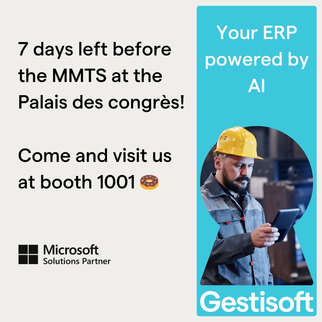 Gestisoft's tweet photo. Only one week left until the #Montreal #Manufacturing #Technology Show (#MMTS) 2024! You'll find us at Booth 1001... just follow the smell of fresh donuts! 🍩 Use the code GESTISOFTINVITE for a free ticket. #Tech #MMTS2024 #Dynamics365 #BusinessCentral https://t.co/8OWVEE7RY4