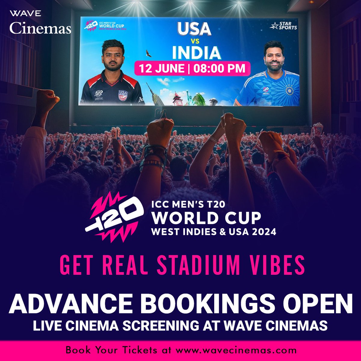 Wave_Cinemas's tweet image. Experience the real stadium-like vibes on the biggest screen.

Watch the India Vs USA cricket battle, live cinema screening at #wavecinemas on 12th June 2024 (8:00 PM).

ADVANCE BOOKINGS ARE OPEN

Book your tickets at wavecinemas.com

#ICCMensCricketWorldCup #MensT20