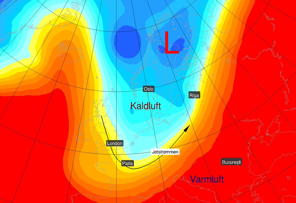Meteorologene's tweet photo. Det er kjøleg for årstida i Vest-og Nord-Europa no☔🍃

I London er det 12 grader no, medan det til samanlikning er 30 i București📉📈

Vi kan skulde på jetstraumen. Den buktar seg som ein “u” rundt Nord-Europa og held lågtrykka og kaldlufta nord for seg🌬️ https://t.co/WkeSVhkOzt