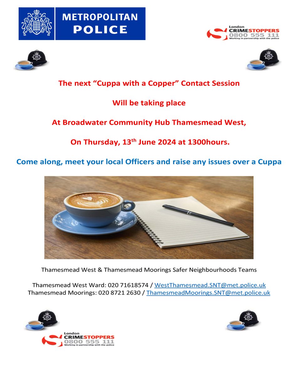 Good Afternoon from the Team 👮👮‍♀️, there has been no overnight crimes. We are delighted to invite you to our #CuppawithCopper on the 13th June @ Broadwater Community Hub.#communityengagement <a href="/MPSGreenwich/">Greenwich MPS</a>