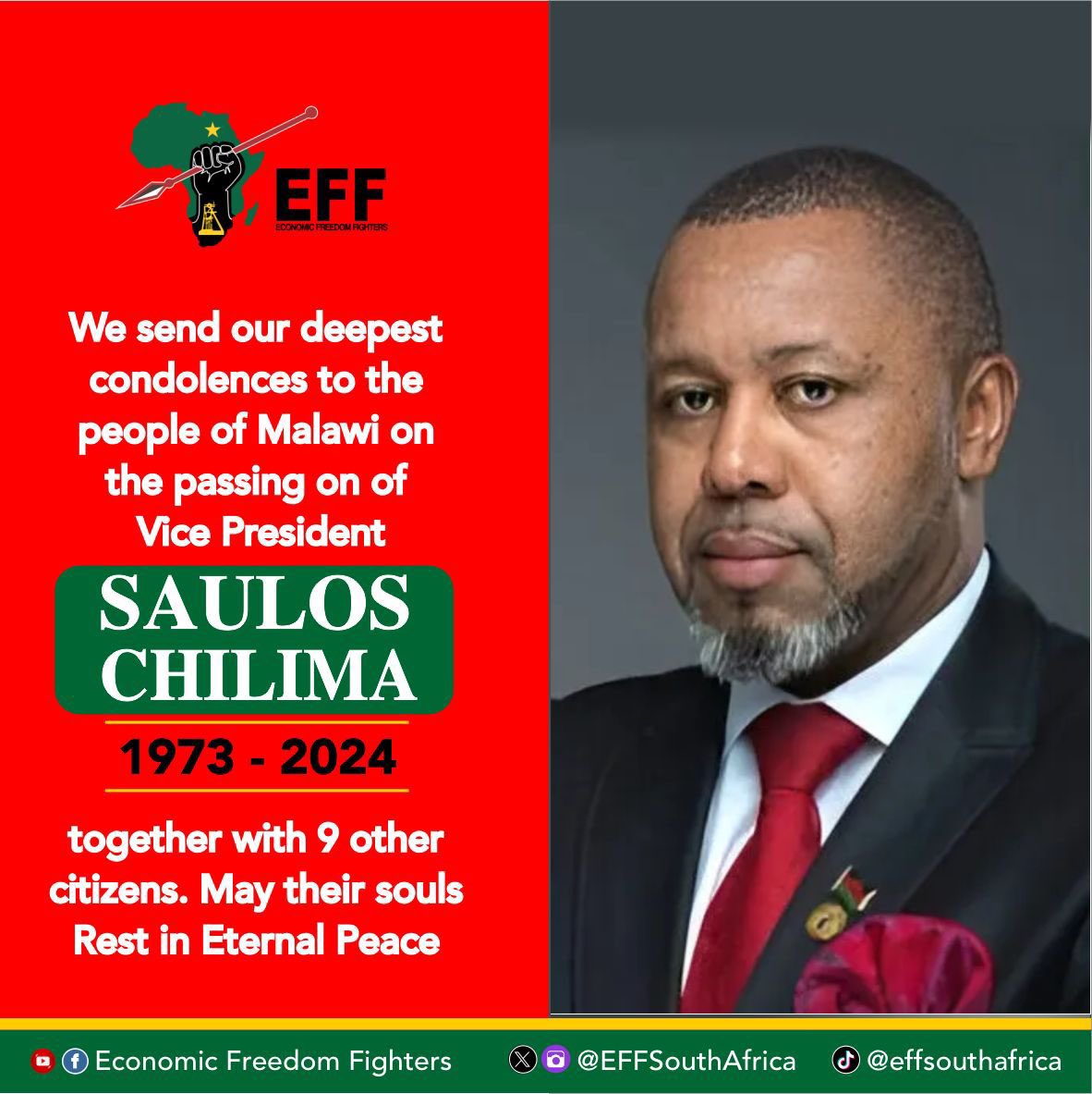 ApstDeza's tweet image. The EFF sends it’s condolences to the people of Malawi on the tragic passing of their Vice President Dr Saulos Chilima, and nine other citizens in a plane crash. 

May their souls rest in peace.
